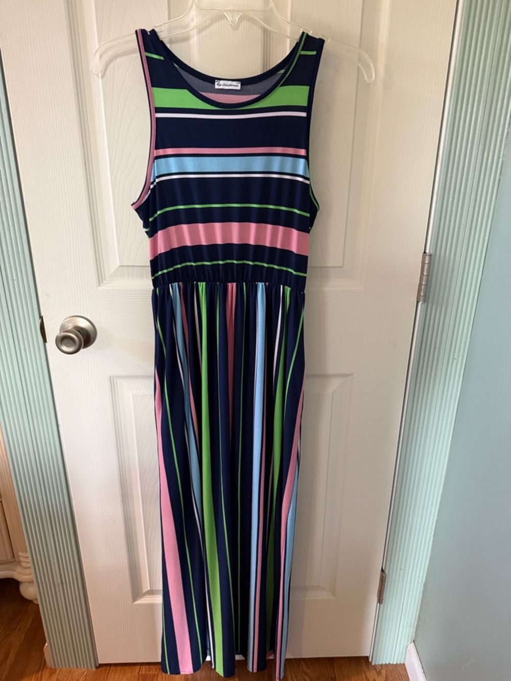 Egs California Navy Striped Sleeveless Maxi Dress with Pink, Green & Light Blue